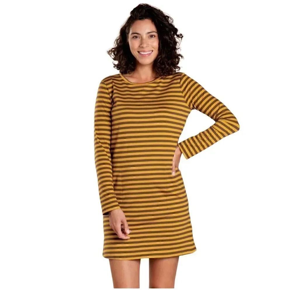 Toad & Co brown and mustard yellow striped windmere II long sleeve dress size M